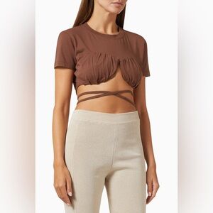Jacquemus Brown Cropped Gathered Tie-Wrap Tee “Baci”